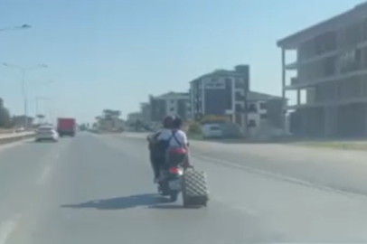 Yalova’da motosiklette tekerlekli valizle tehlikeli yolculuk