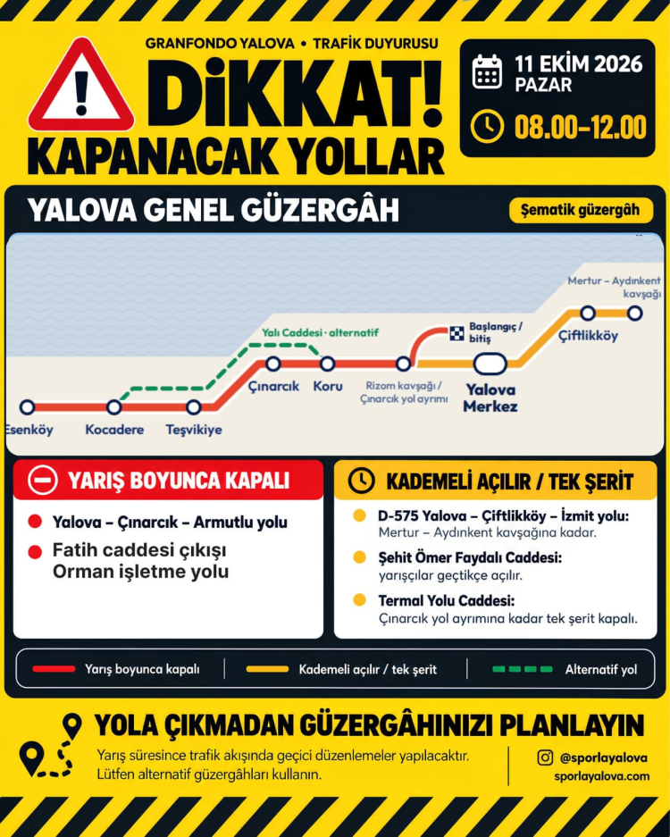 Yalova genelinde sabah sekizden itibaren bir yol kapanması olacak