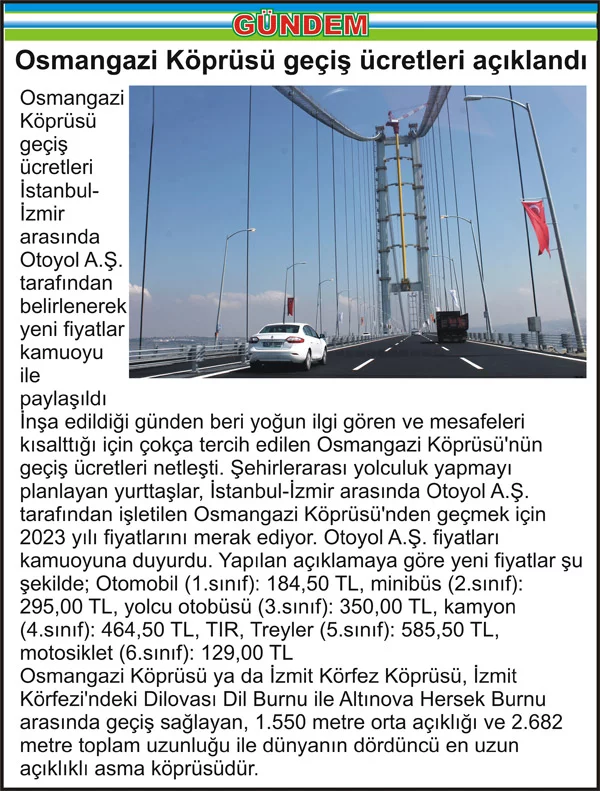 Osmangazi Köprüsü geçiş ücretleri açıklandı